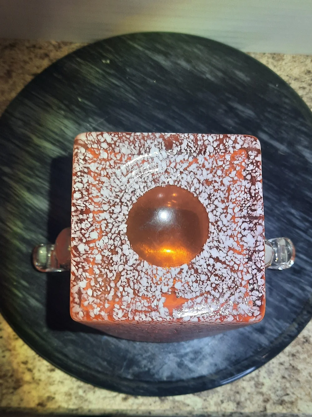 Orange Amberina Art Glass Ice Bucket with Clear Handles
